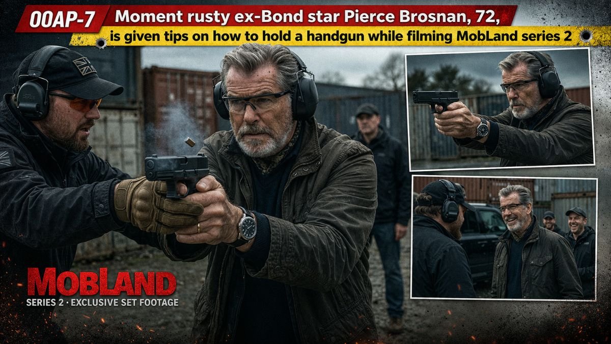 00AP-7 Moment rusty ex-Bond star Pierce Brosnan, 72, is given tips on how to hold a handgun while filming MobLand series 2